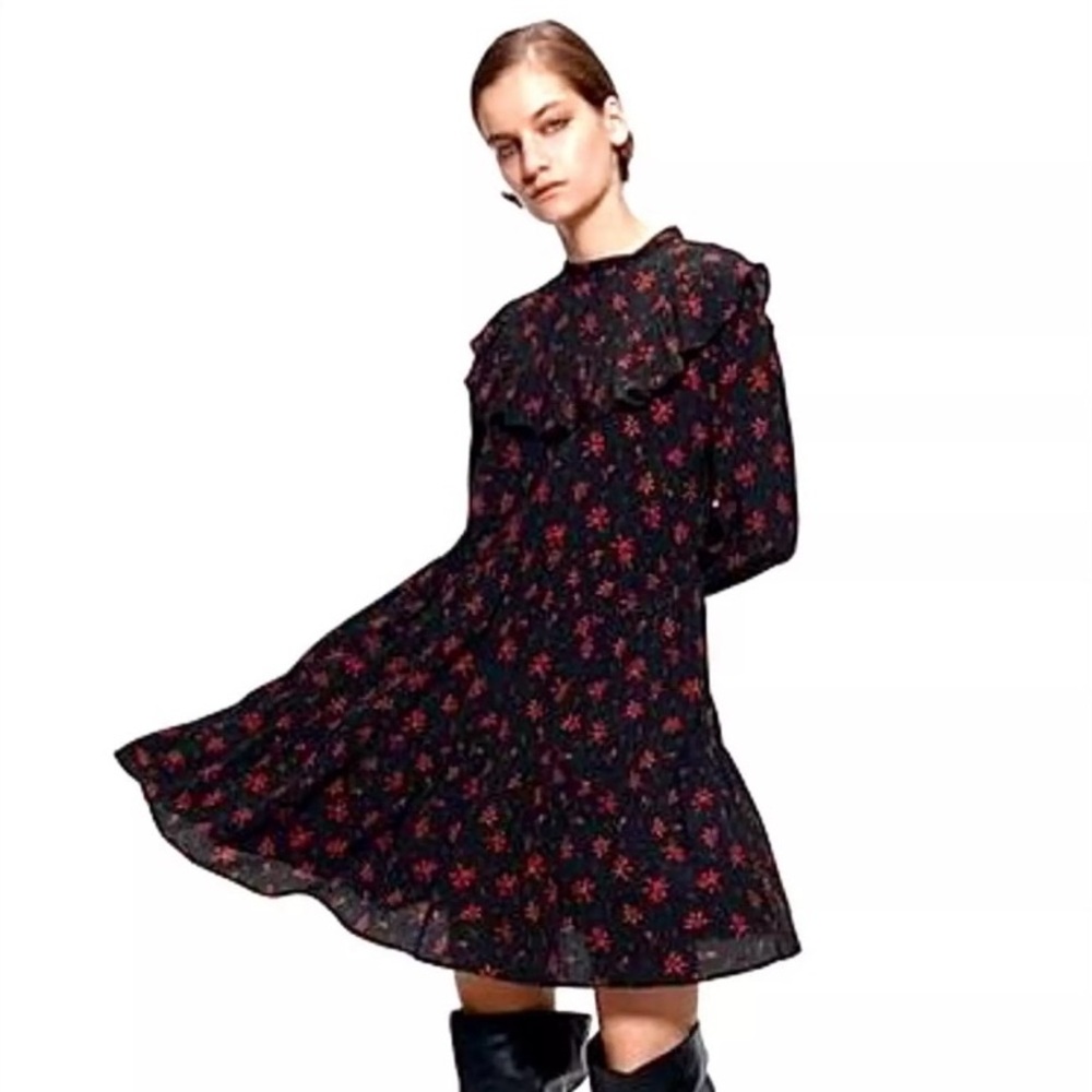 NWOT! ZARA Ruffled Print Black/Red Dress-Size XS